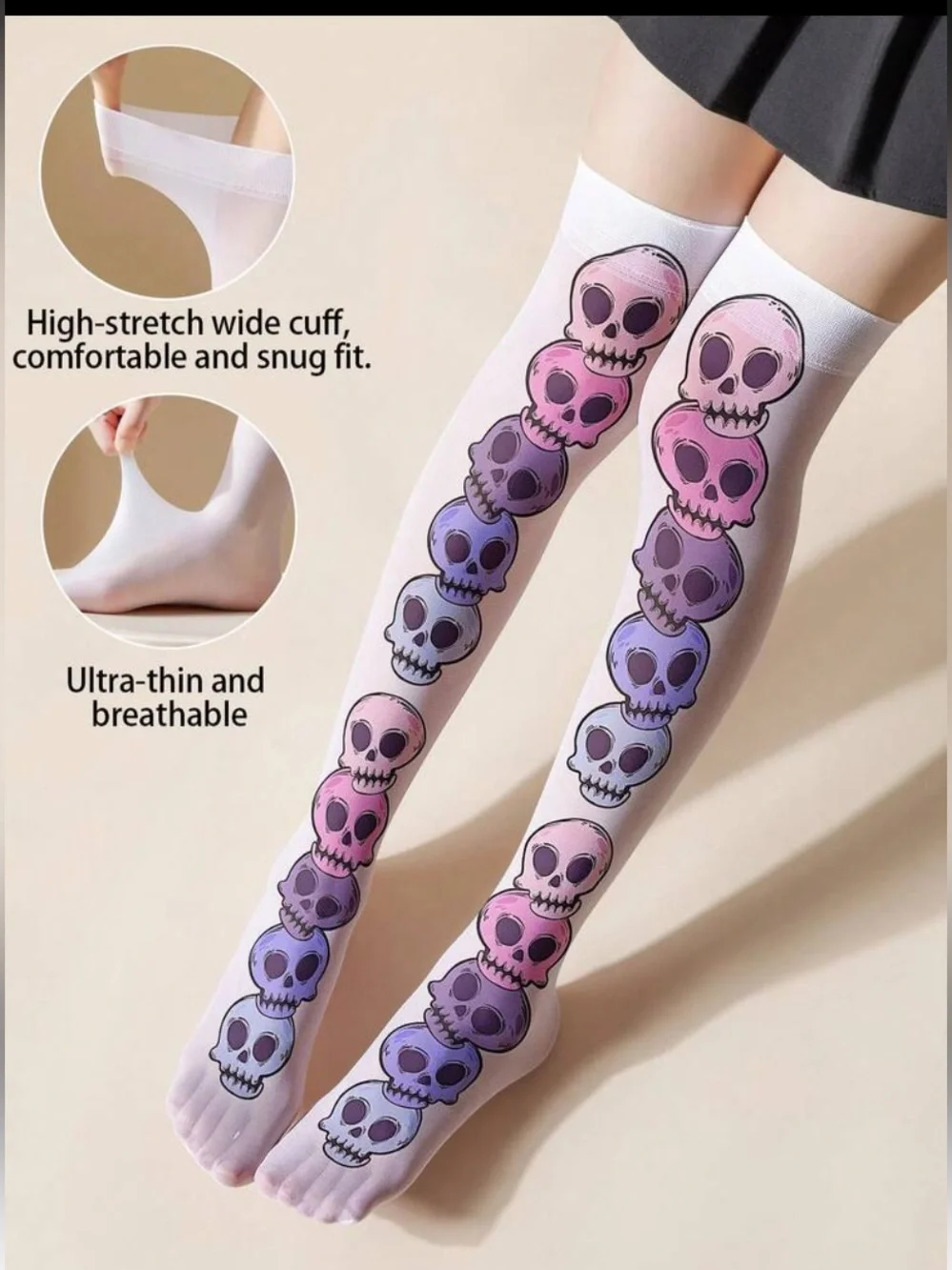 White Over-the-Knee Skull Print Thigh-High Socks - Pink & Purple